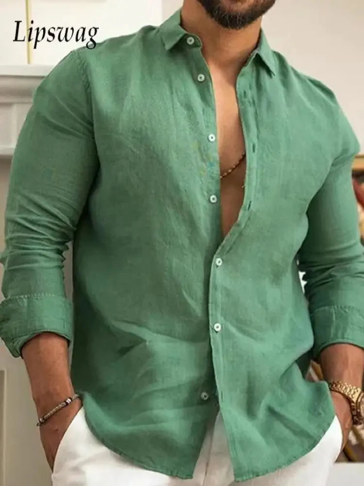 Camisa de linho masculina verde de manga longa com botão, ideal para ocasiões casuais e elegantes