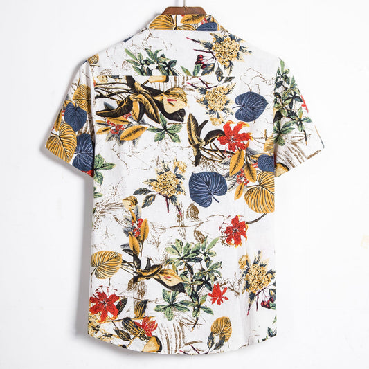 Camisa masculina estampada PUDA com estampas florais vibrantes em fundo claro