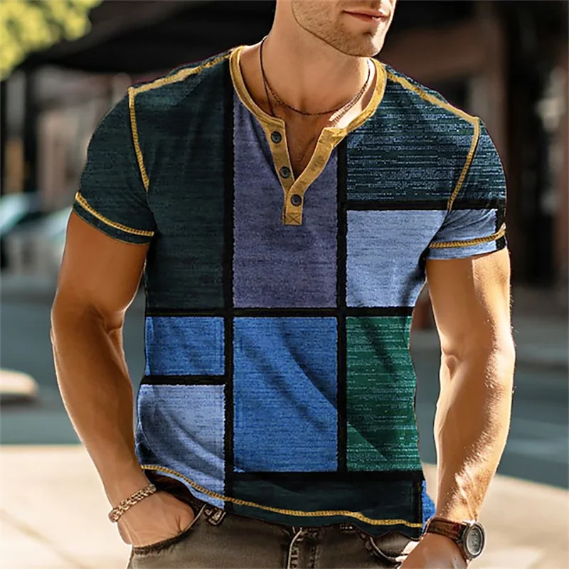 Camisa masculina oversized vintage com estampa geométrica em azul e verde ideal para estilo casual