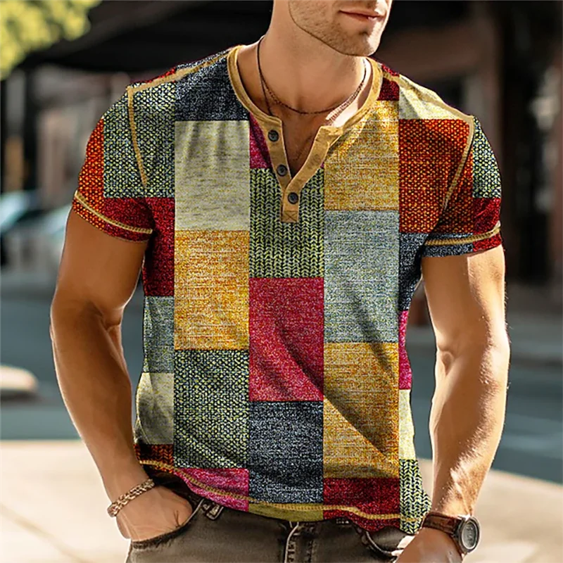 Camisa masculina oversized vintage com estampa colorida em retângulos para um visual casual e estiloso