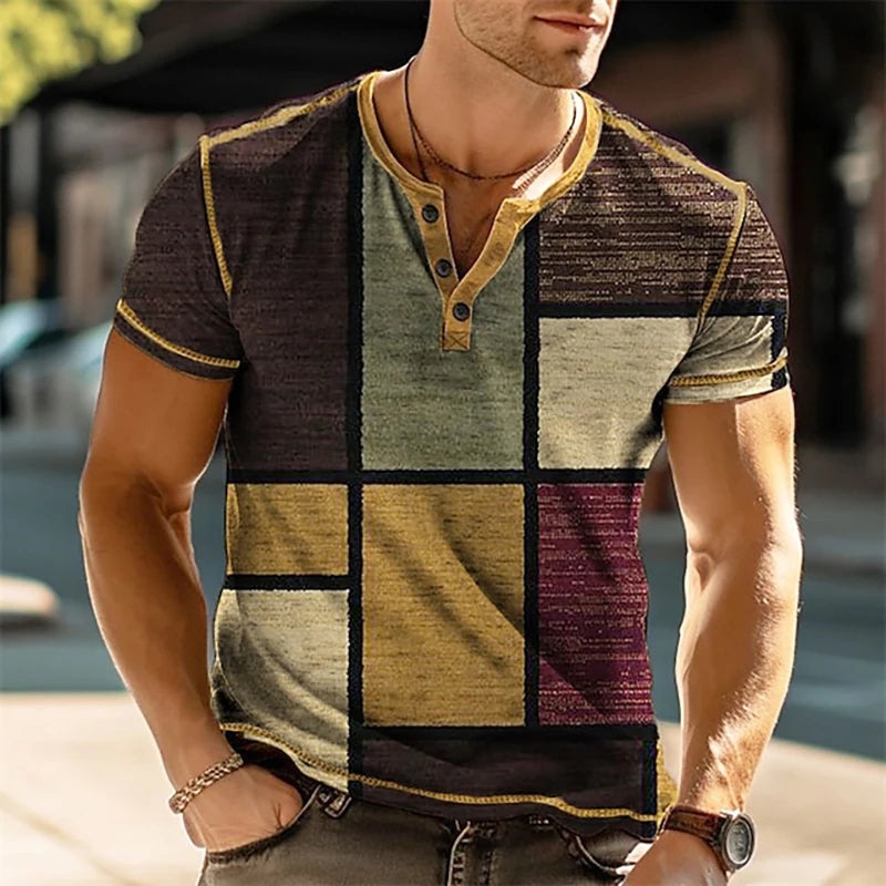 Camisa masculina oversized vintage com estampas geométricas coloridas para um estilo único