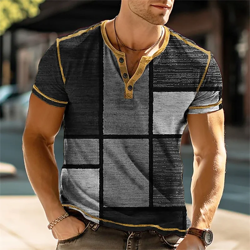 Camisa masculina oversized vintage em estampa geométrica com detalhes em amarelo