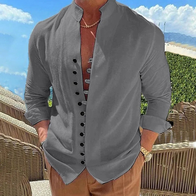 Camisa masculina slim fit em cinza com botões e estilo casual para uso em qualquer ocasião