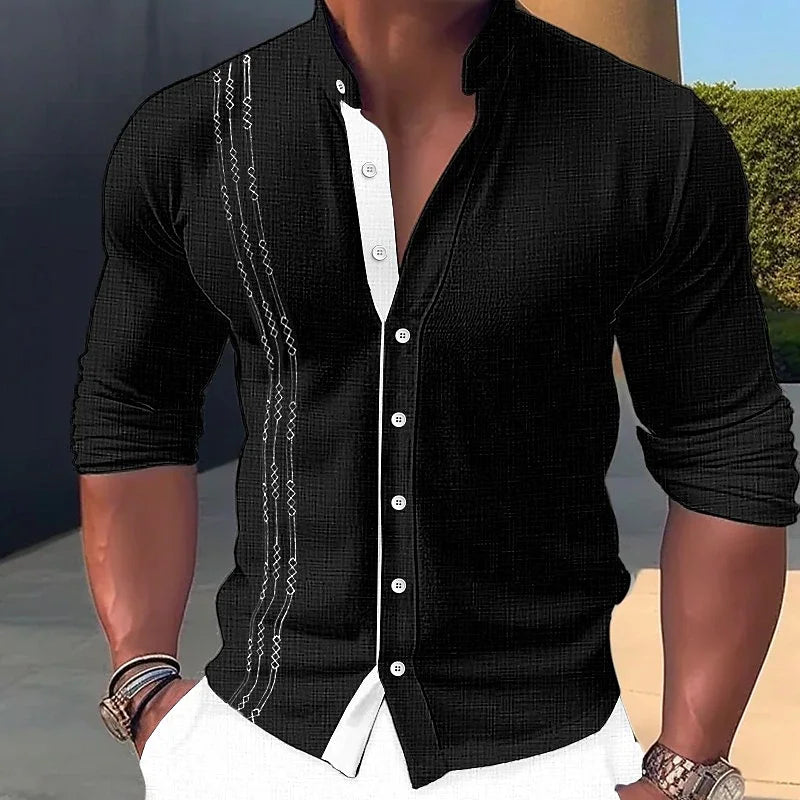Camisa masculina slim fit preta com detalhes em branco e mangas longas, ideal para ocasiões casuais