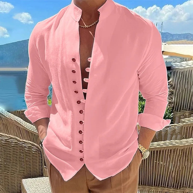 Camisa masculina slim fit em rosa com botões, ideal para ocasiões casuais e elegantes