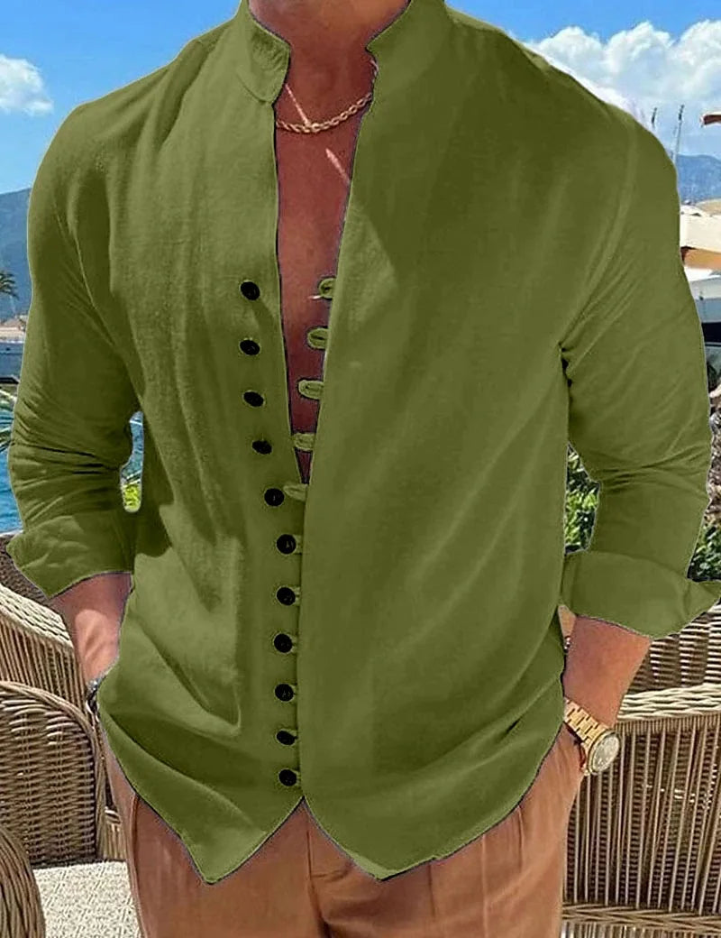 Camisa masculina slim fit verde com botões frontais e estilo casual para ocasiões externas
