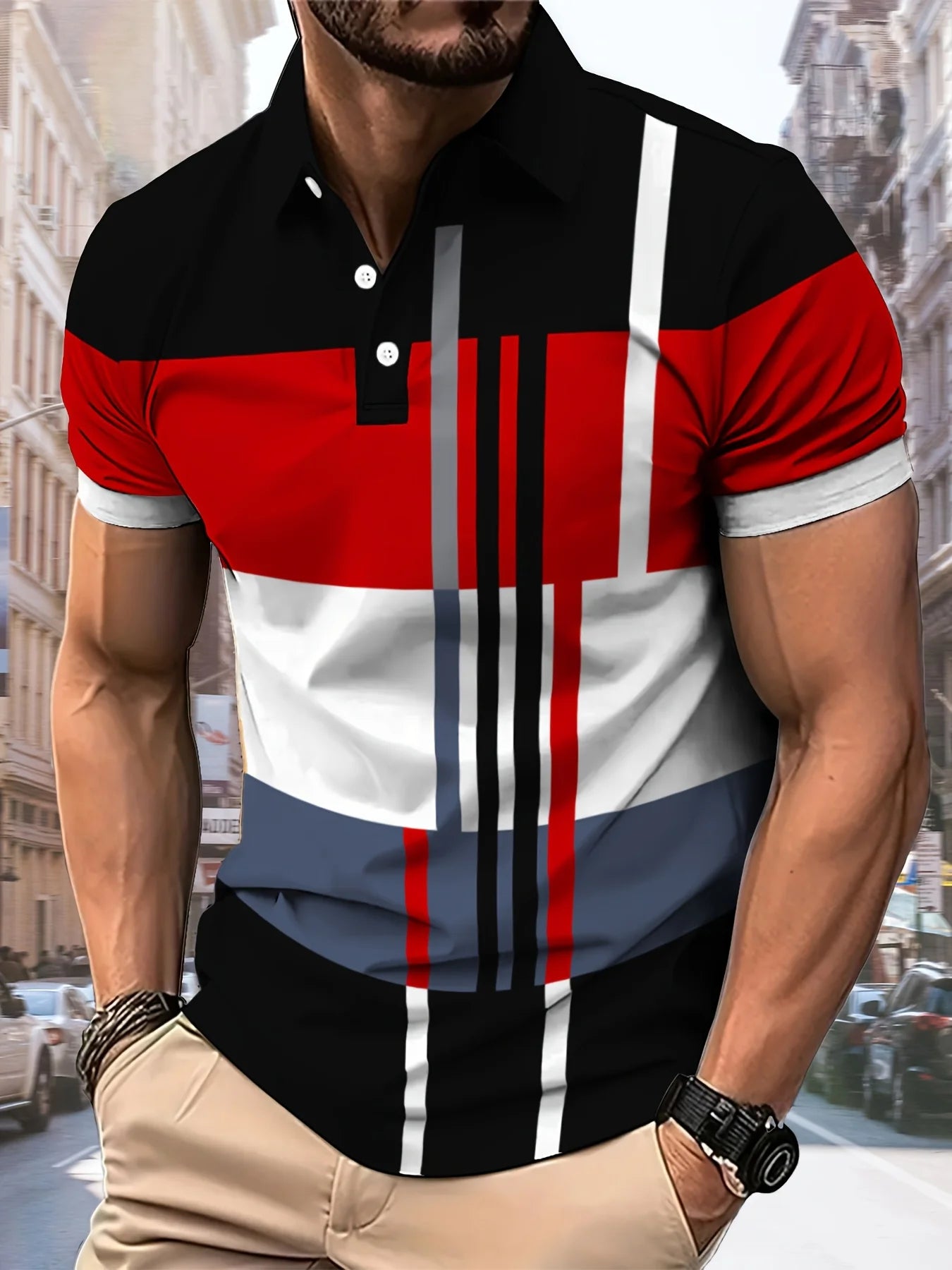 Camisa polo color block masculina com design moderno e cores vibrantes, ideal para o uso diário