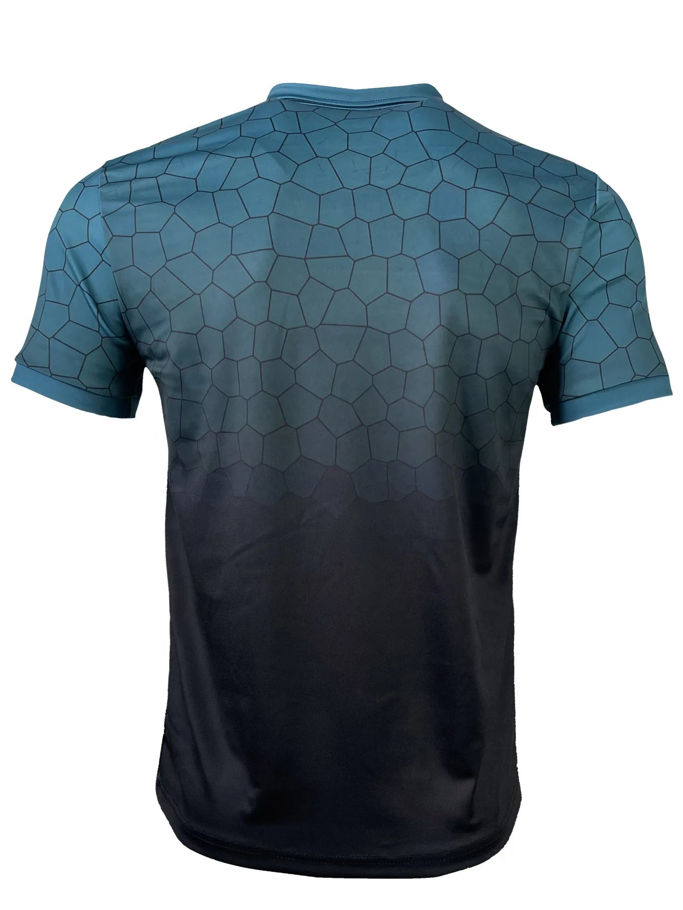 Camisa polo masculina em azul com design hexagonal moderno na parte traseira