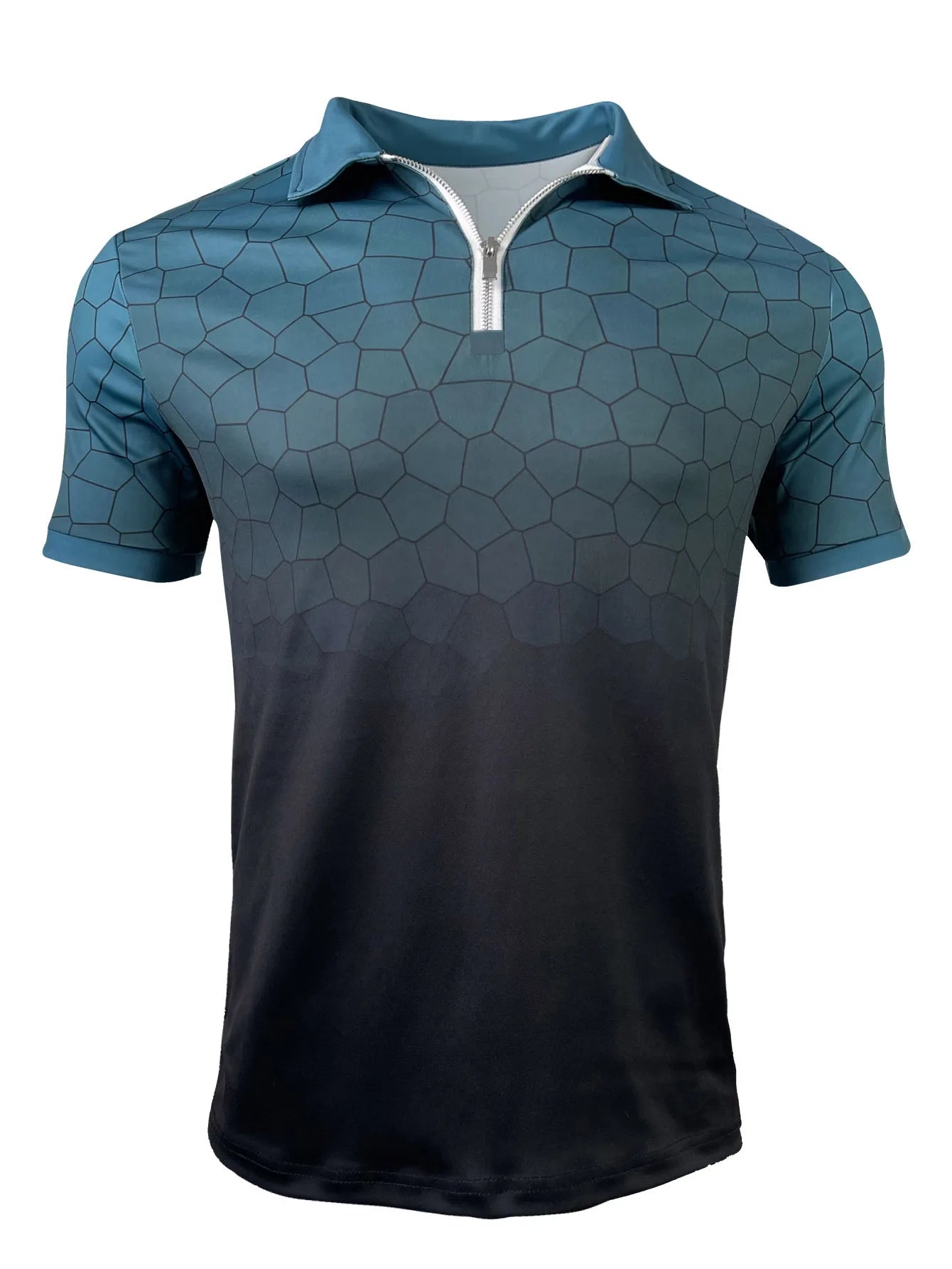 Camisa polo masculina azul com padrão hexagonal e zíper, ideal para uso casual e esportivo.