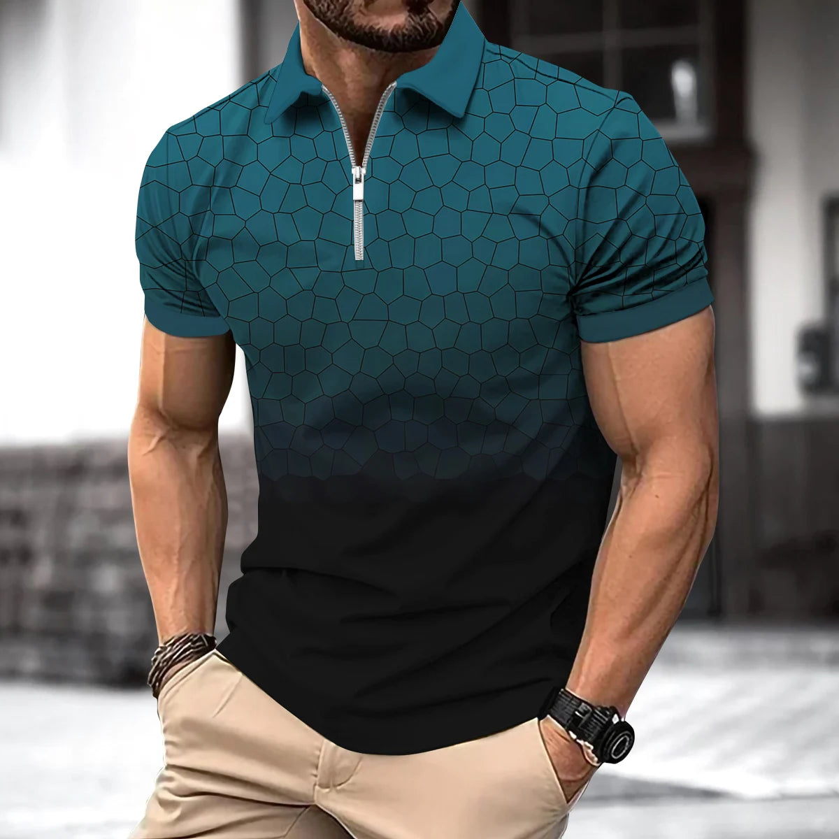 Camisa polo masculina com design de colégio em azul escuro e preto, perfeita para o uso diário