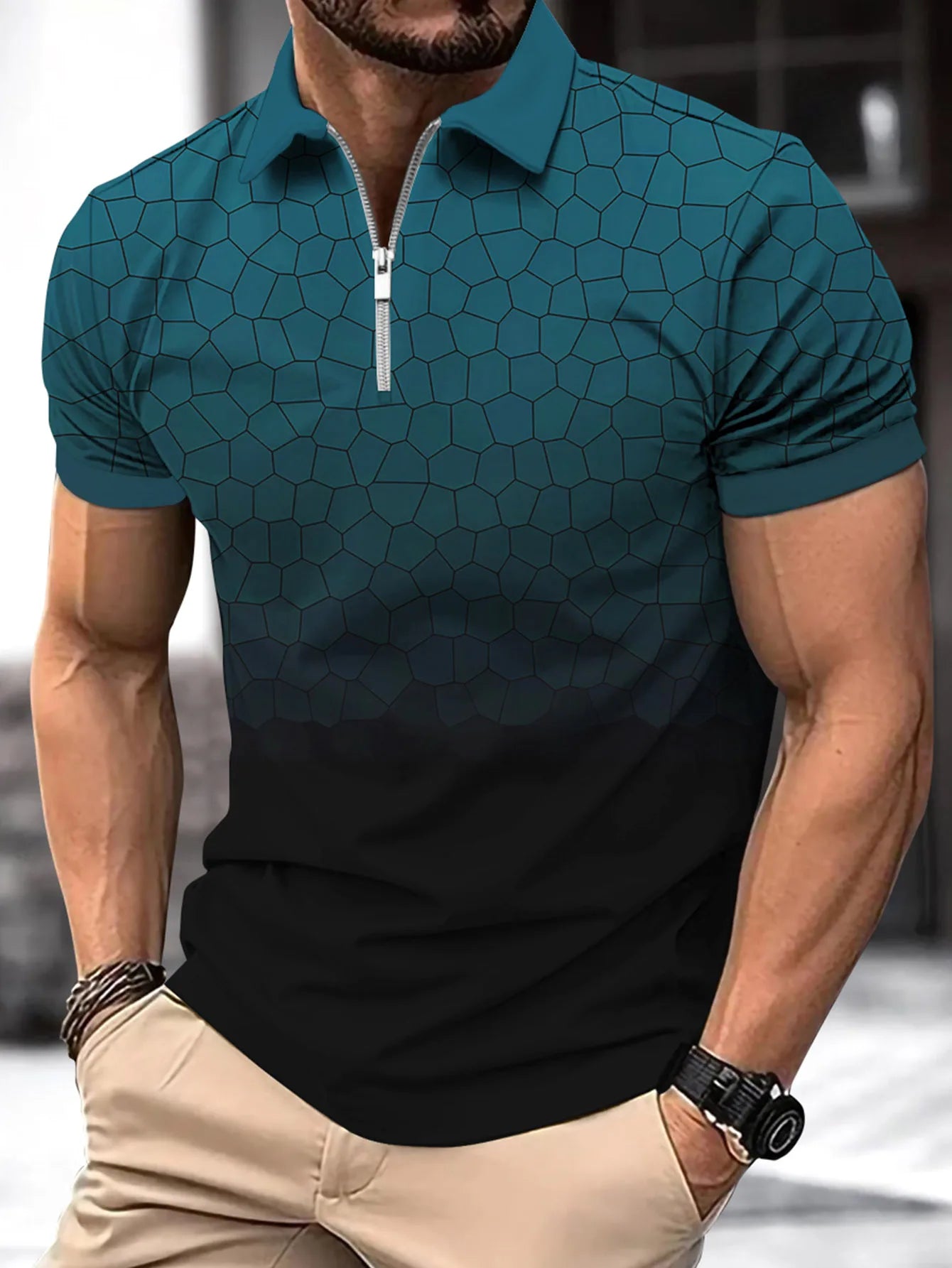 Camisa polo masculina em tom verde com design geométrico e gola de zíper para estilo casual