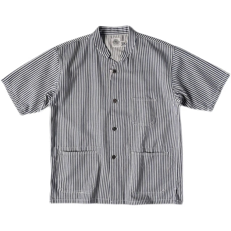 Camisa sem gola masculina da TURBOSAN em listras com botões e bolsos frontais