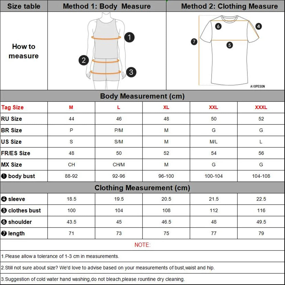 Tabela de medidas para camiseta casual masculina AIOPESON com instruções sobre como medir