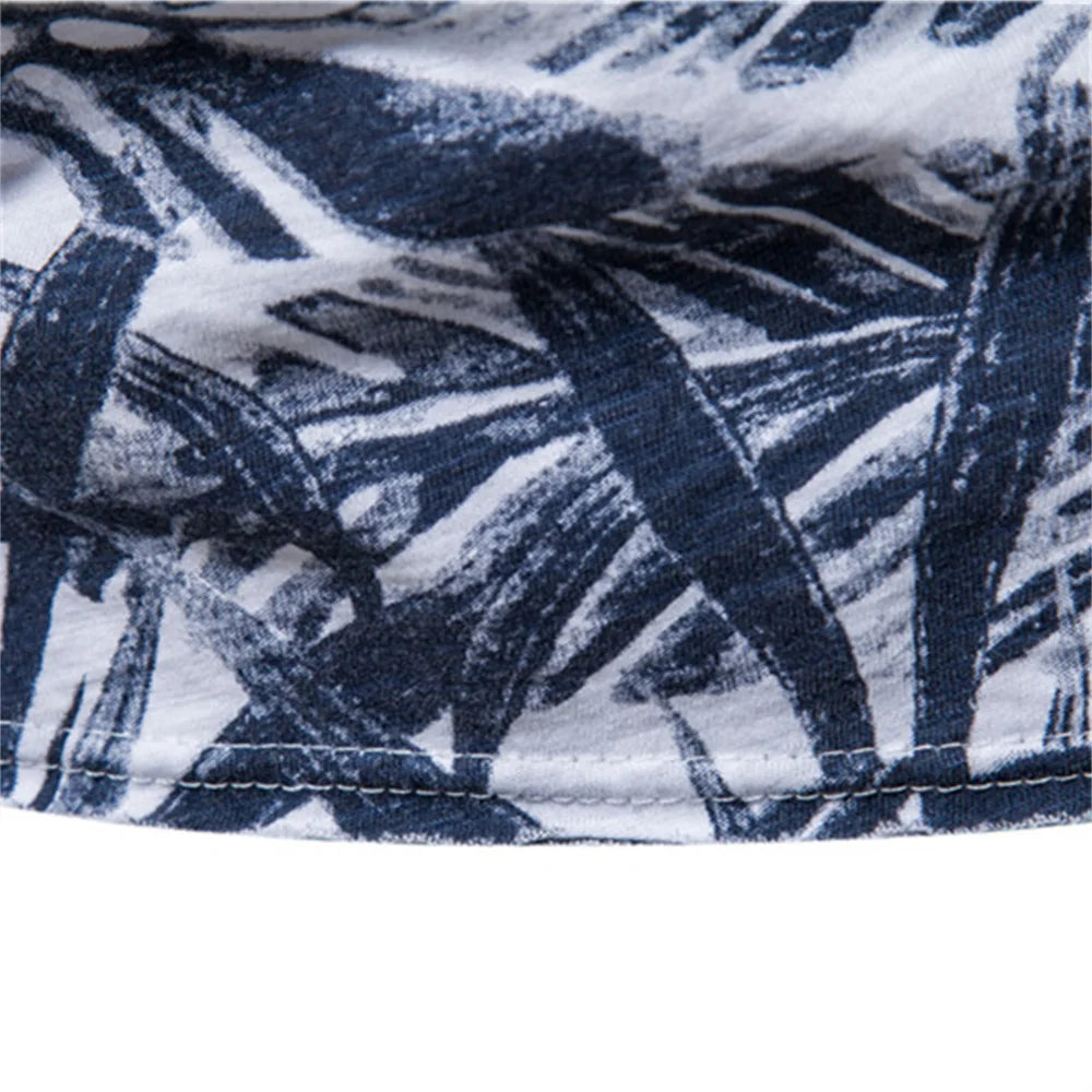 Camiseta masculina AIOPESON com estampa folhas em tons de azul e branco para estilo casual