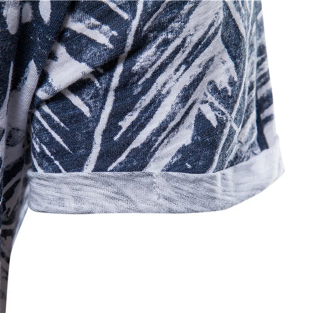 Camiseta masculina AIOPESON com estampa folhas em cores azul e branca, ideal para o verão