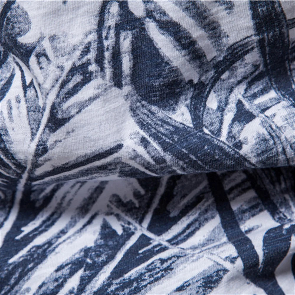Camiseta masculina AIOPESON com estampa folhas em tons de azul e cinza para estilo casual