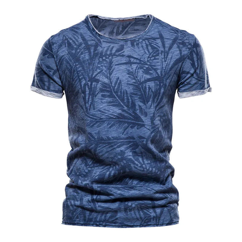 Camiseta masculina AIOPESON com estampa folhas em tom azul para estilo casual e conforto diário
