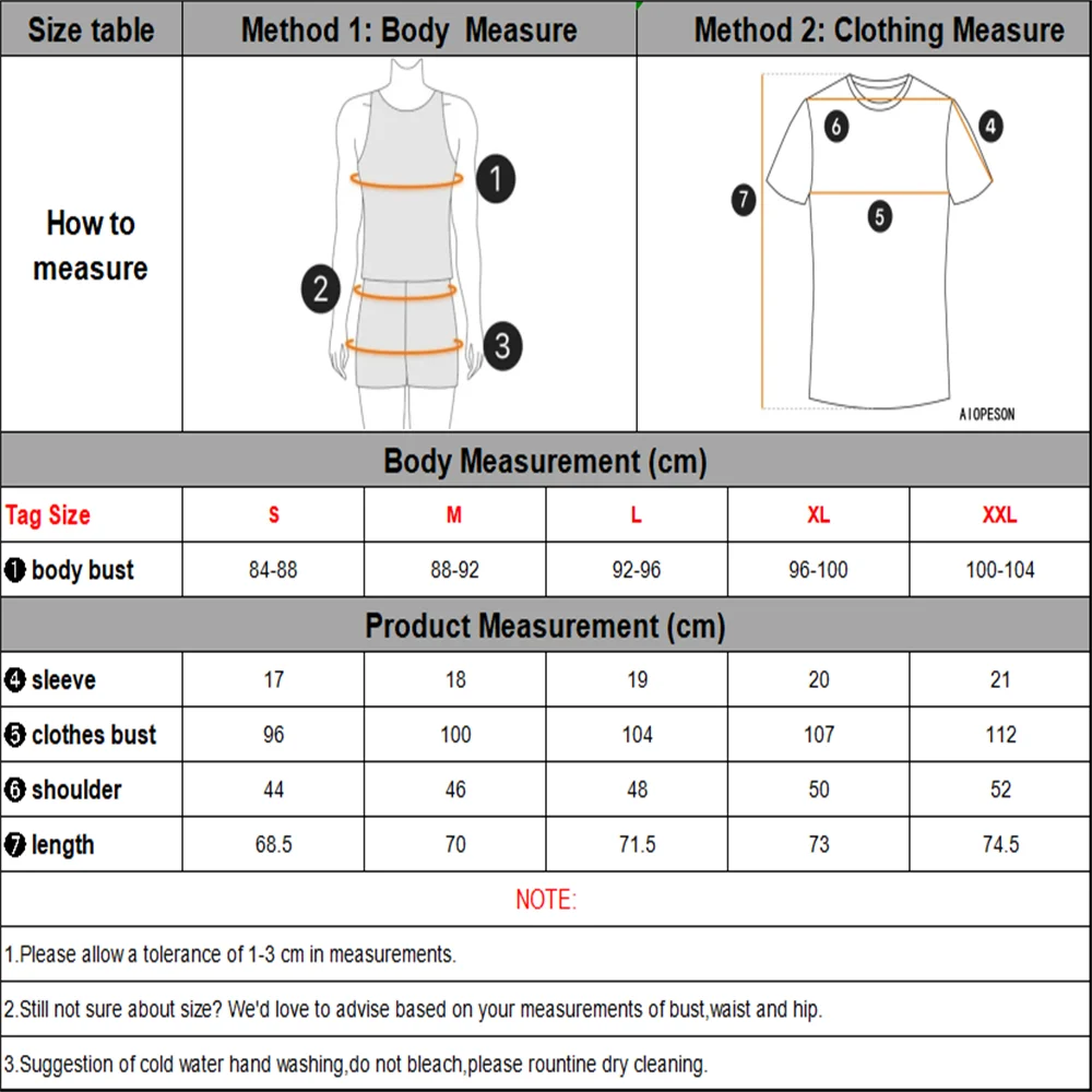 Tabela de medidas para camiseta estampa folhas masculina da AIOPESON com detalhes de tamanhos em cm