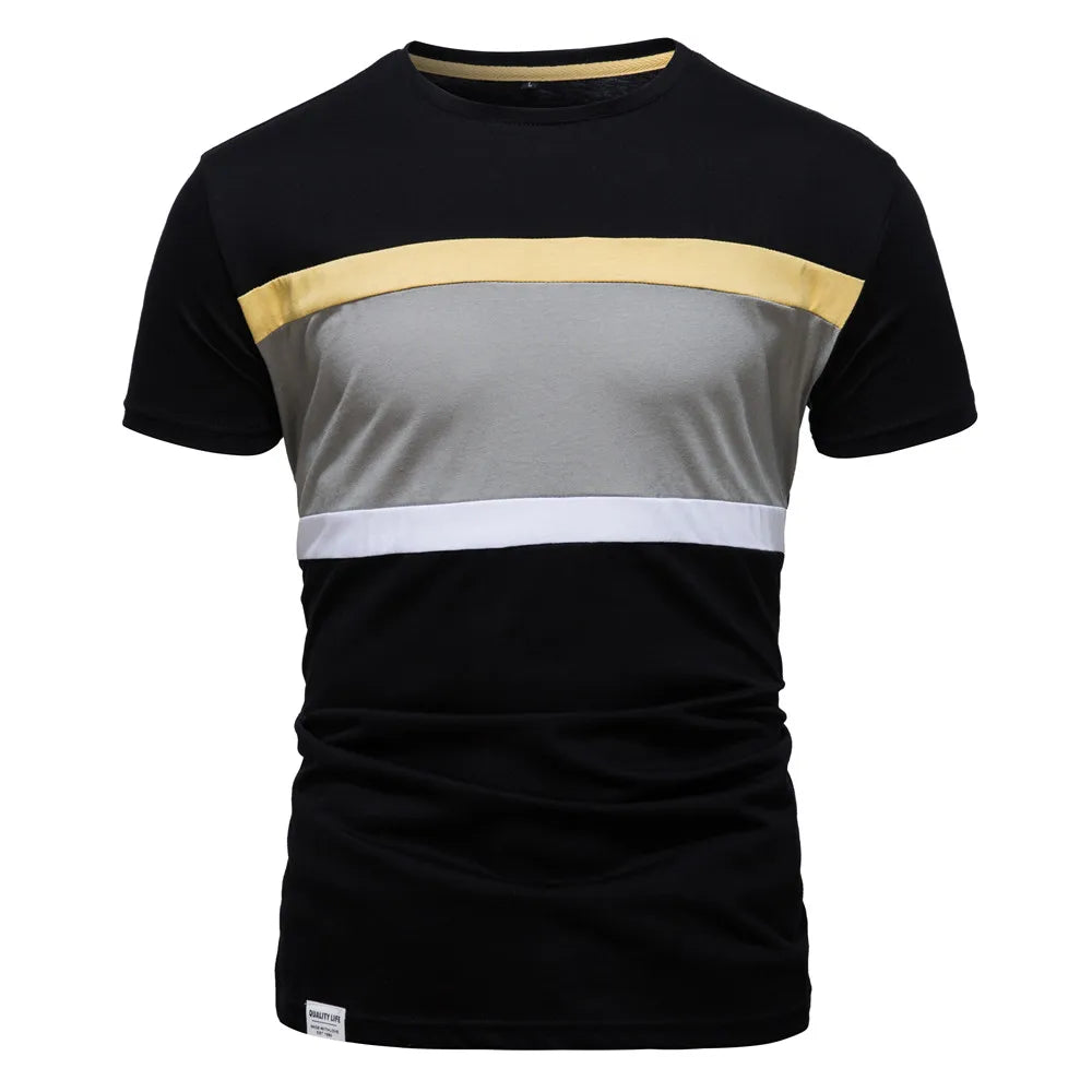 Camiseta masculina patchwork em cores preta, cinza, branca e amarela para estilo moderno e casual