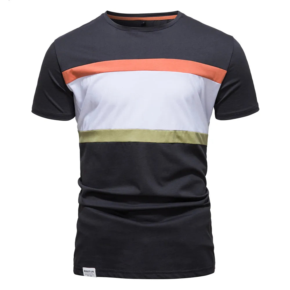 Camiseta masculina patchwork em cores vibrantes com design moderno e ajustado para homens estilosos