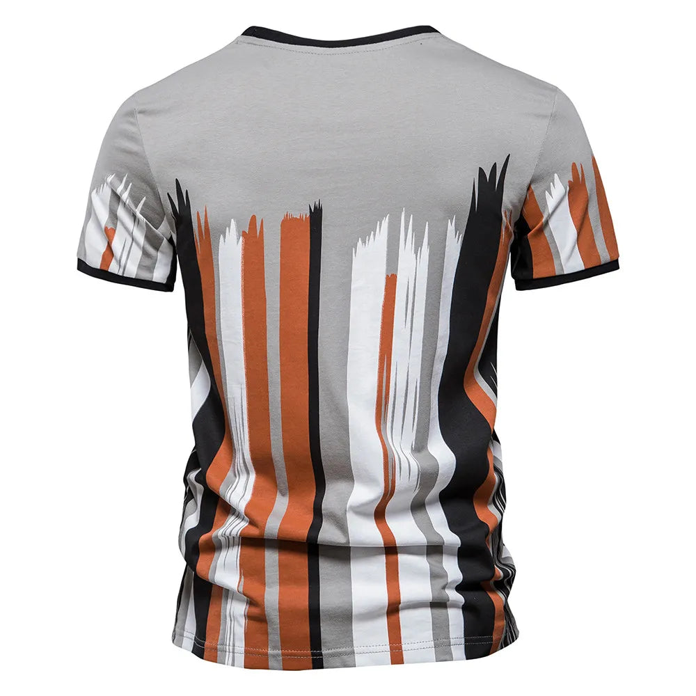 Camiseta masculina streetwear AIOPESON com design moderno e listras em tons de laranja e preto
