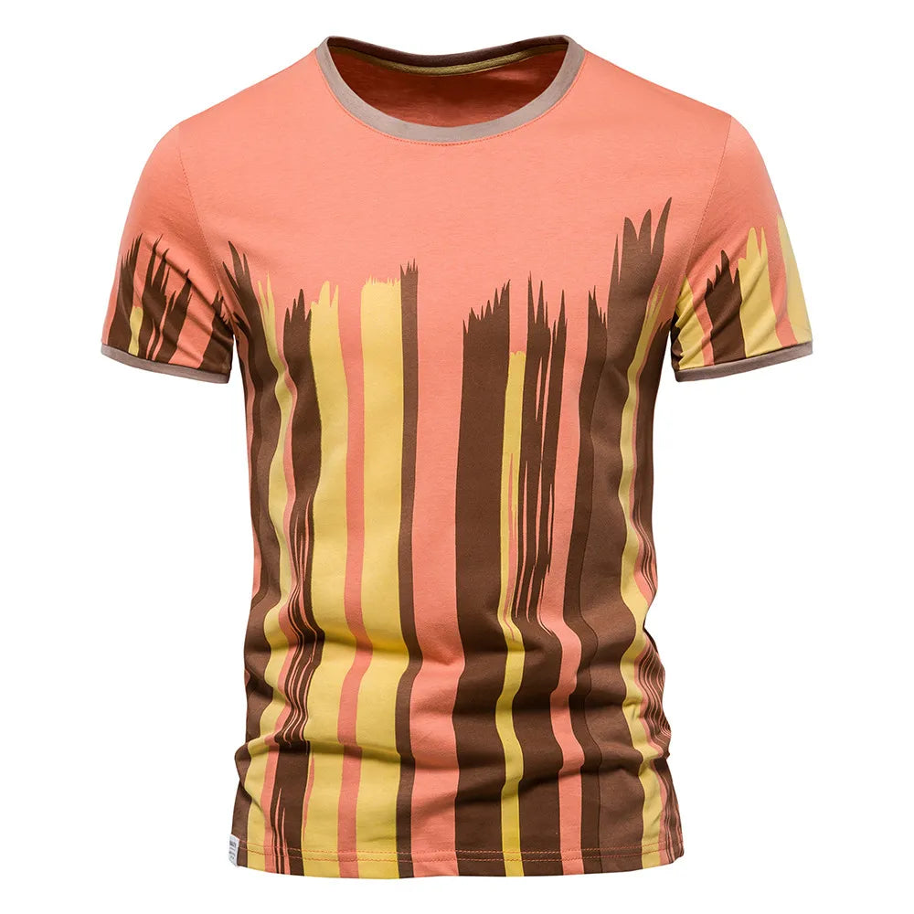 Camiseta masculina streetwear AIOPESON em tons de rosa com estampa artística moderna