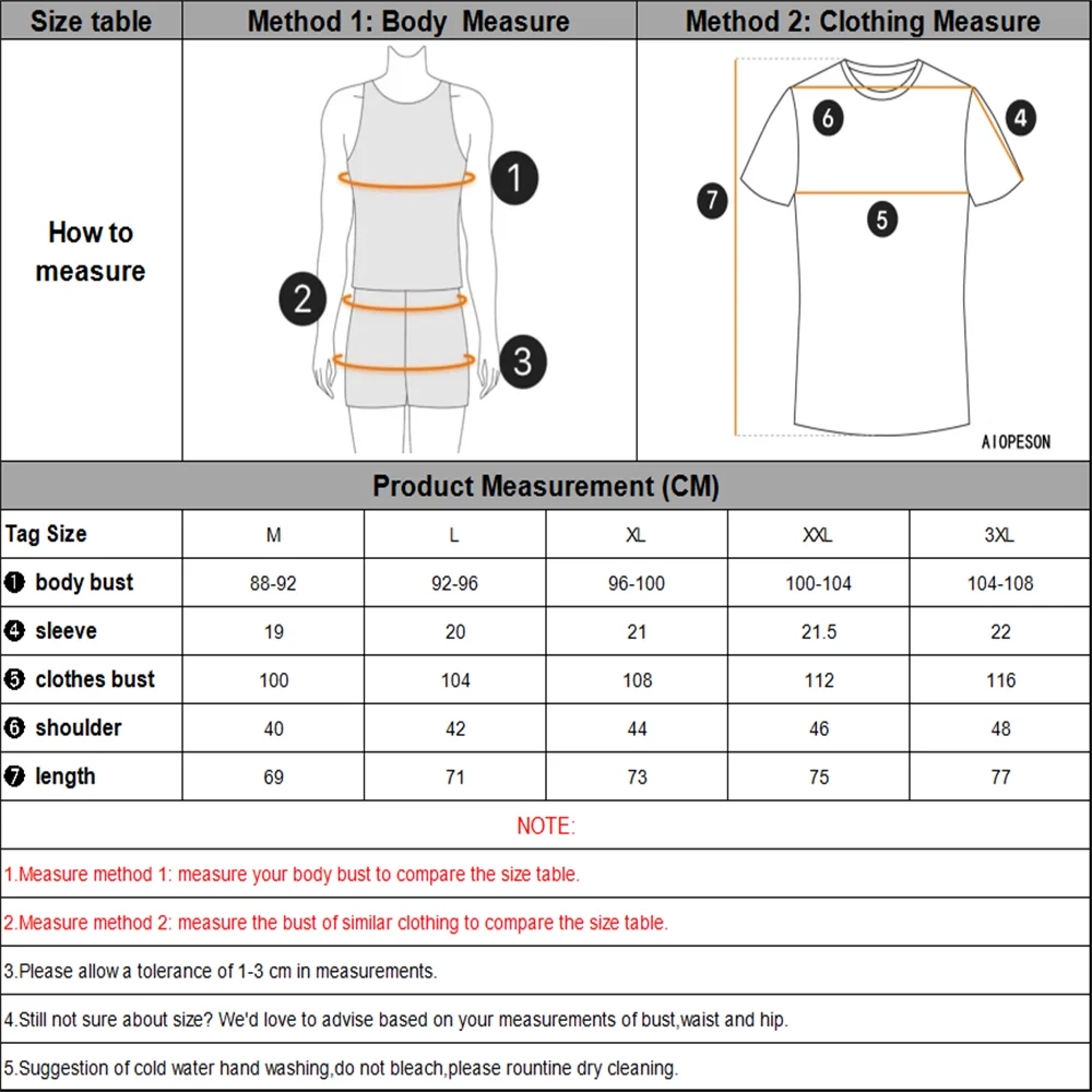 Tabela de medidas detalhada para camiseta masculina streetwear da AIOPESON com informações de tamanhos