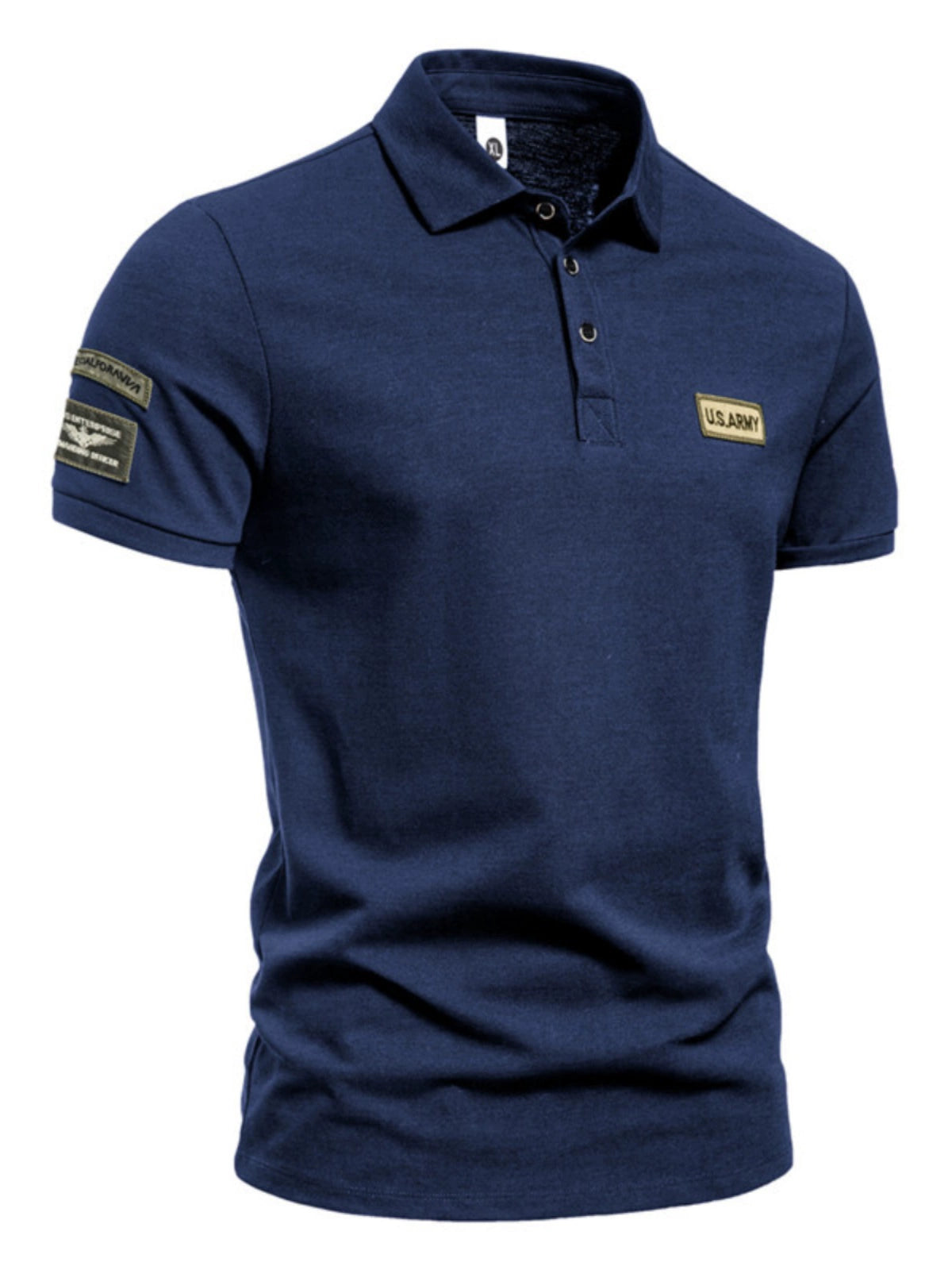 Camiseta militar masculina azul escura com detalhes em bordado e gola polo