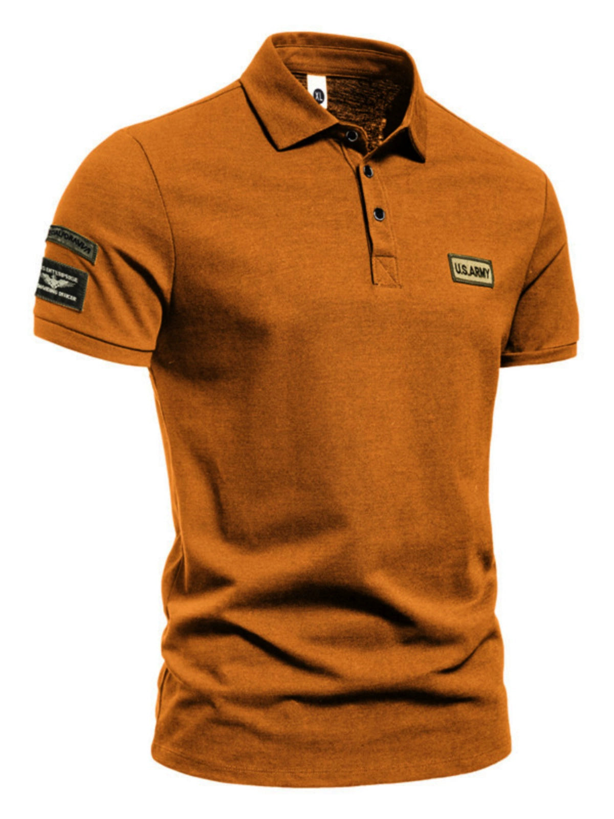 Camiseta militar masculina laranja com detalhes em preto e bordados U.S. Army