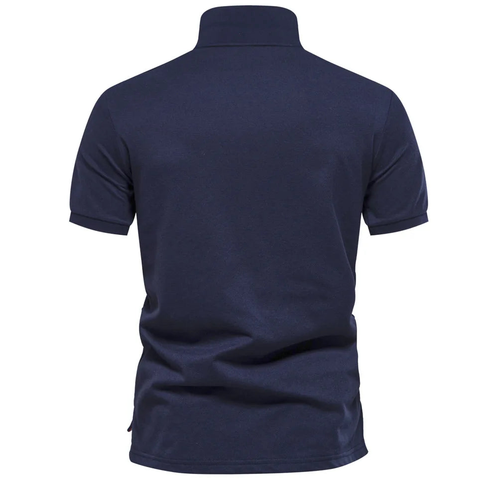 Camiseta polo masculina FANWEILIN cor azul marinho, vista traseira com design clássico e confortável