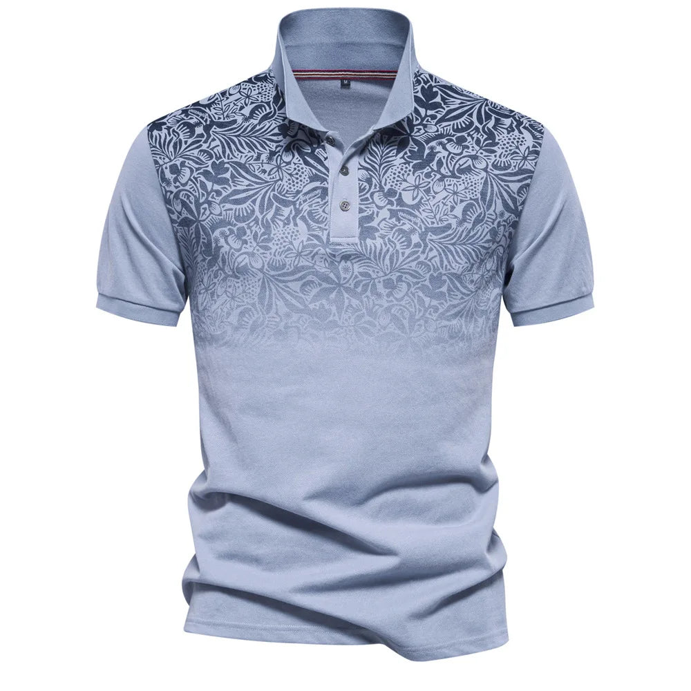 Camiseta polo masculina da FANWEILIN em azul com estampa floral elegante na parte superior