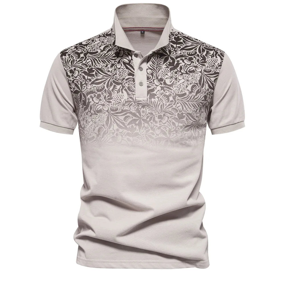 Camiseta polo masculina FANWEILIN com estampa floral em degradê, ideal para looks casuais e elegantes