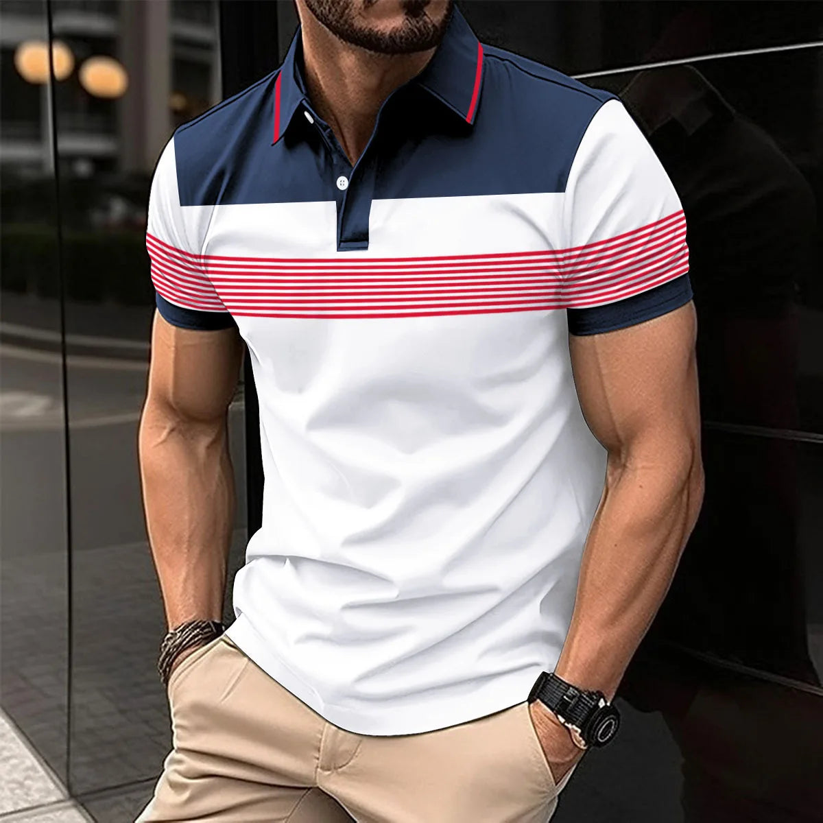Camiseta polo masculina listrada em branco e azul com detalhes vermelhos para looks casuais