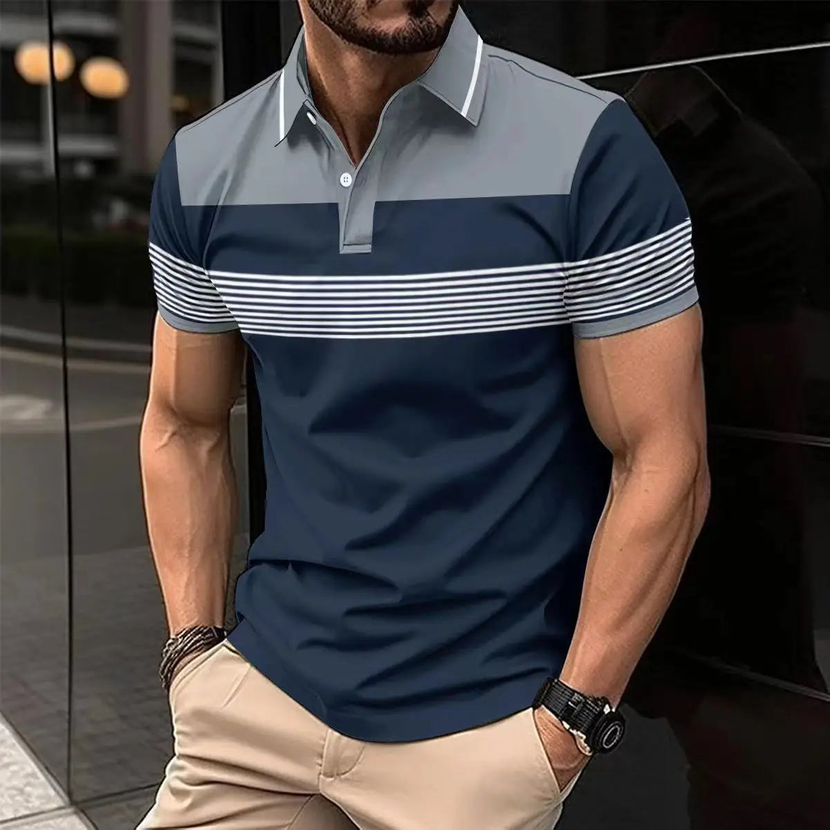 Camiseta polo masculina listrada com cores azul e cinza, ideal para uso casual e estilo moderno