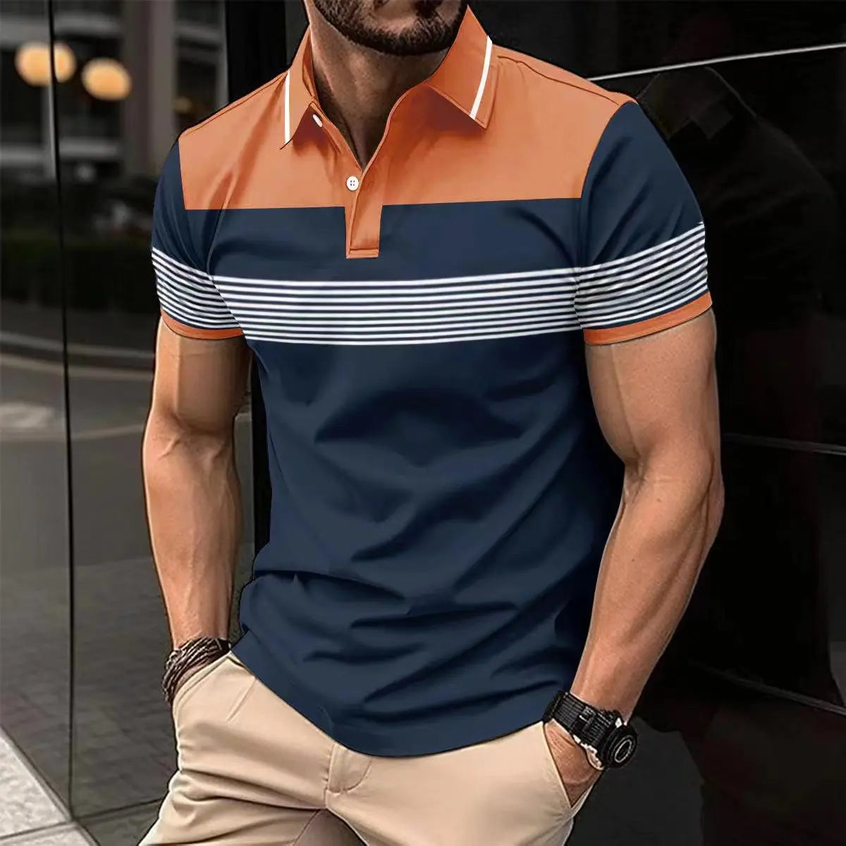 Camiseta polo masculina listrada em azul marinho com detalhes laranja e branco para estilo casual
