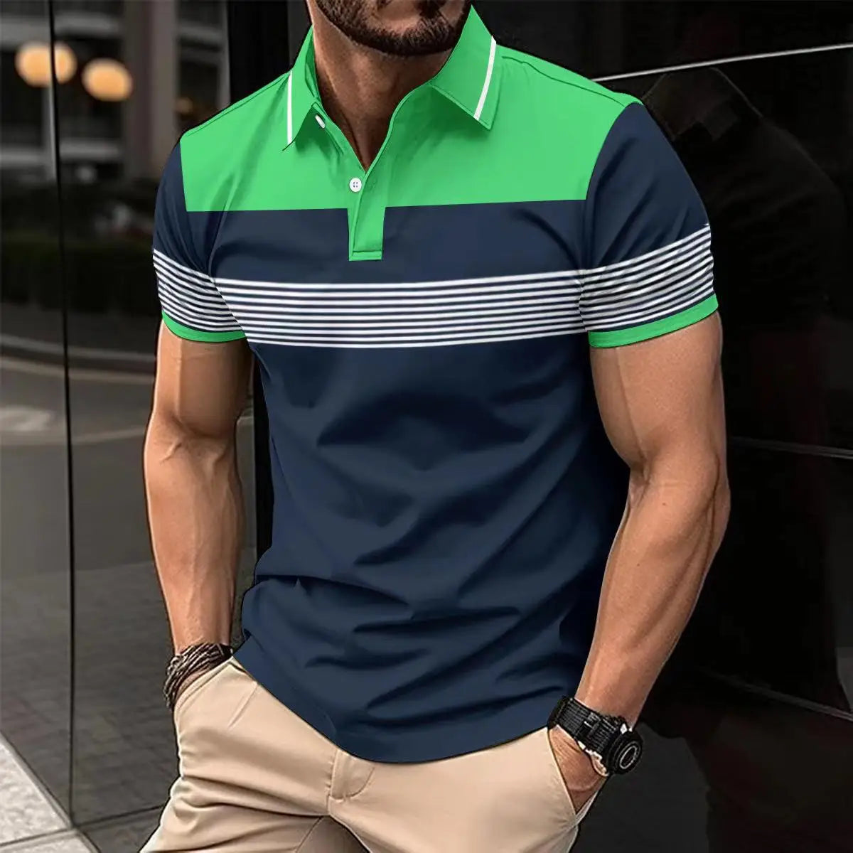 Camiseta polo masculina listrada com detalhes em verde e listras brancas para looks casuais