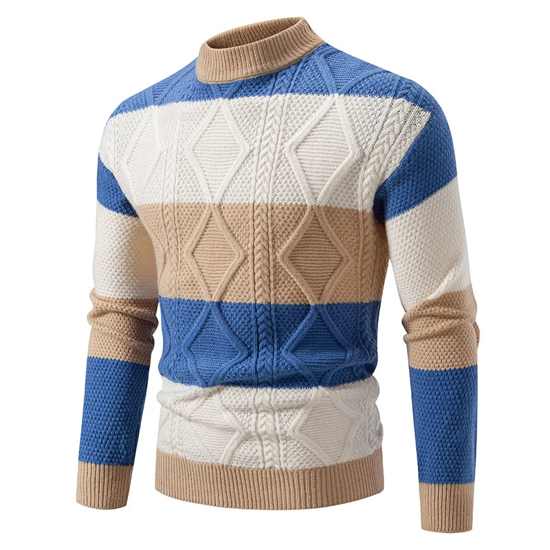 Casaco masculino FAVOCENT em malha com listras em azul, creme e bege, ideal para o outono e inverno