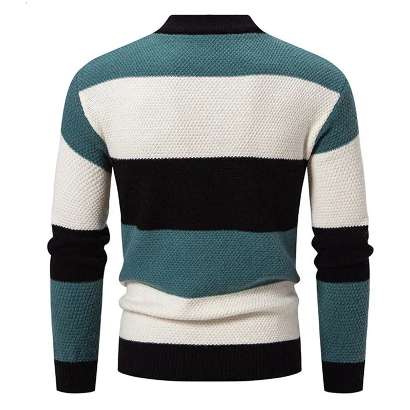 Camisola de malha masculina FAVOCENT com listras verdes, pretas e brancas, ideal para o uso casual.