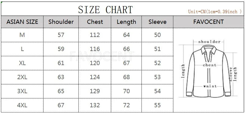Tabela de tamanhos para casaco masculino FAVOCENT mostrando medidas detalhadas para camisola de malha masculina
