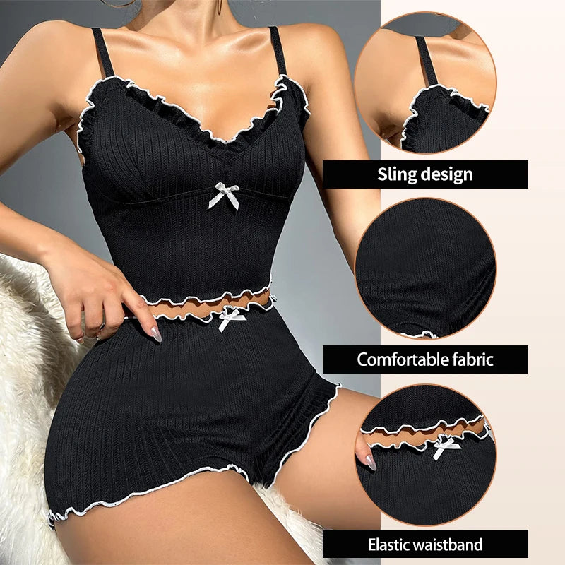 Camisola decote em v preta com design de alças e tecido confortável para pijama feminino