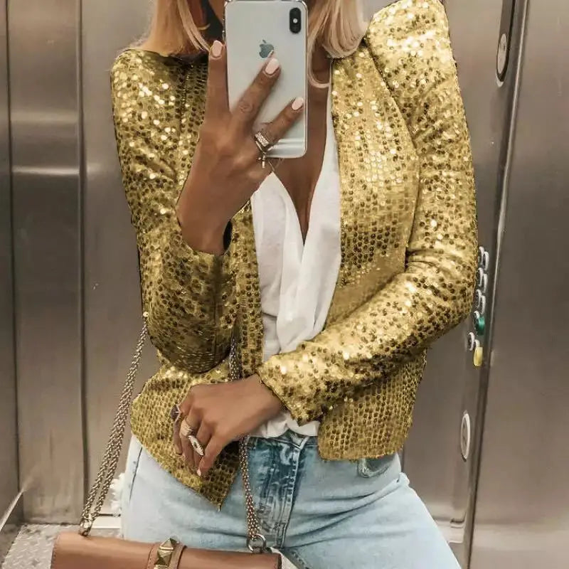 Cardigan feminino lantejoulas douradas, elegante e brilhante, ideal para festas e eventos especiais