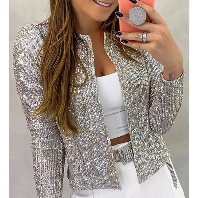 Cardigan feminino lantejoulas prateado com detalhes brilhantes para looks elegantes