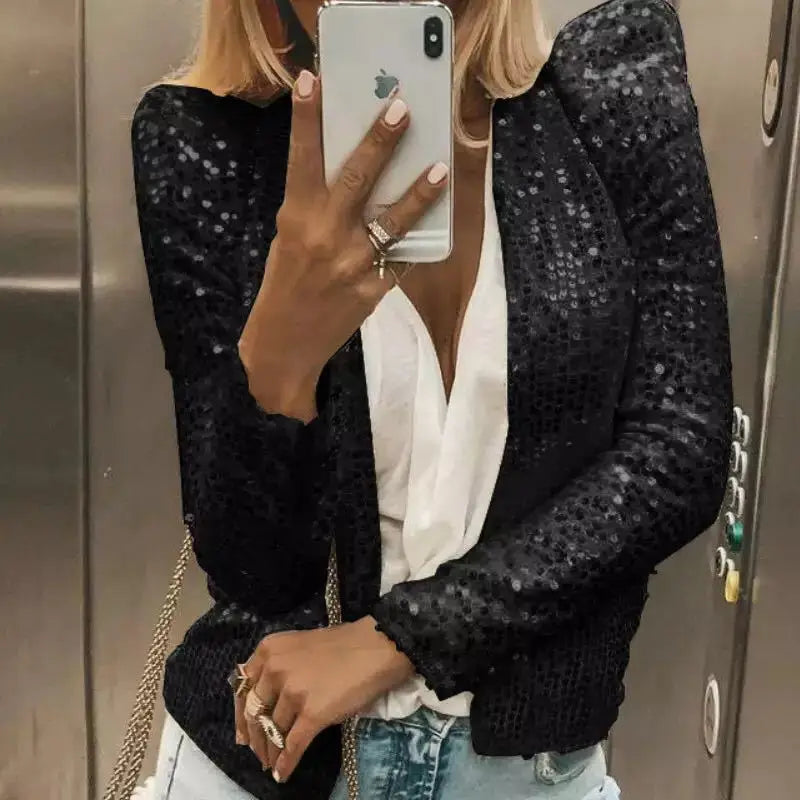 Cardigan feminino lantejoulas preto com design elegante e mangas longas para mulheres estilosas