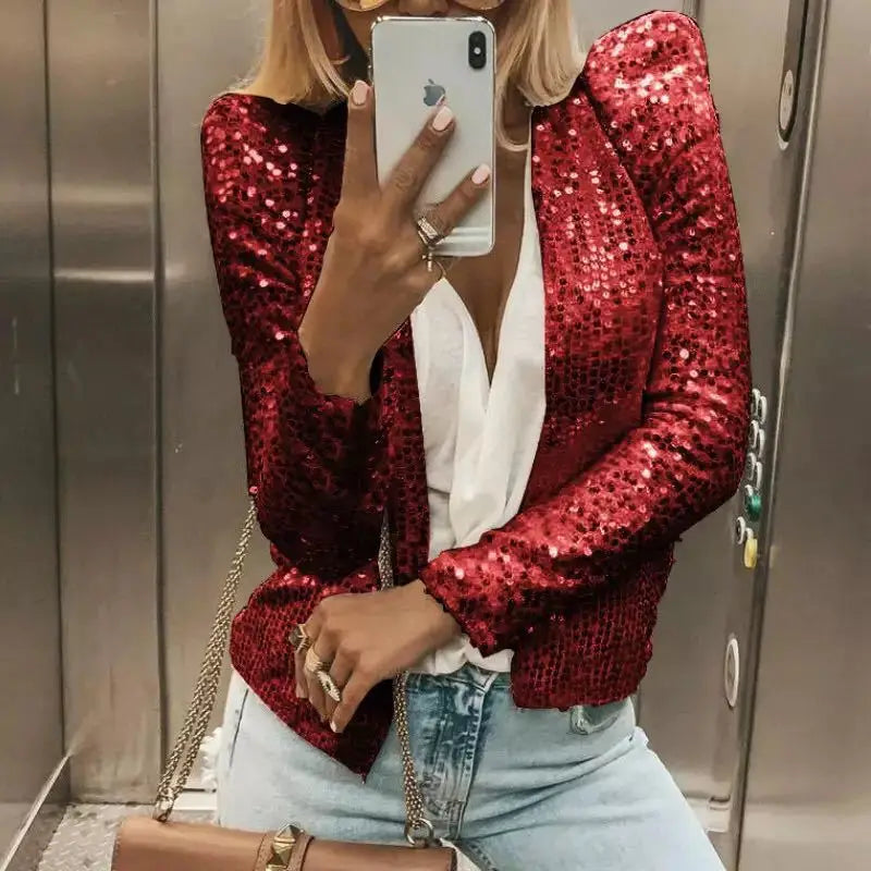 Cardigan feminino lantejoulas vermelho brilhante com design moderno para looks elegantes