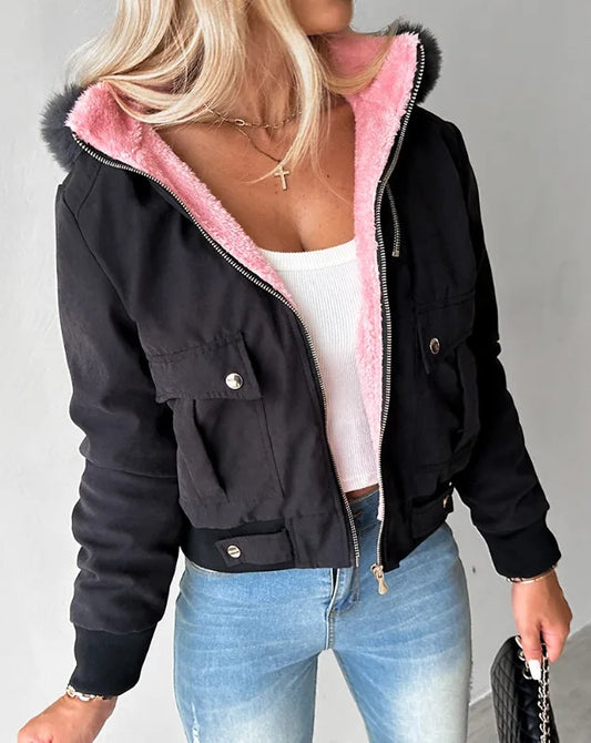 Casaco feminino streetwear da RANMO com capuz e forro rosa, estilo moderno e casual