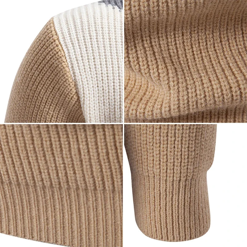 Detalhe do tecido em malha de um casaco masculino de outono em tom bege, ideal para dias frios