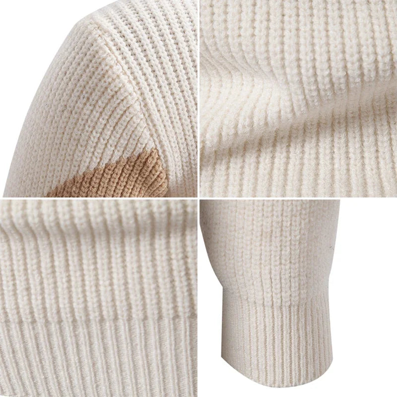 Detalhes do casaco masculino de outono com textura em malha e mangas caneladas em tom claro