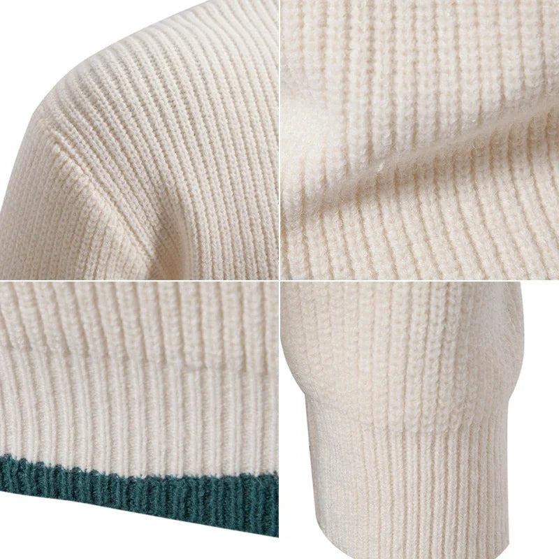 Detalhe do casaco masculino de outono em tricô, com textura canelada e combinações de cores