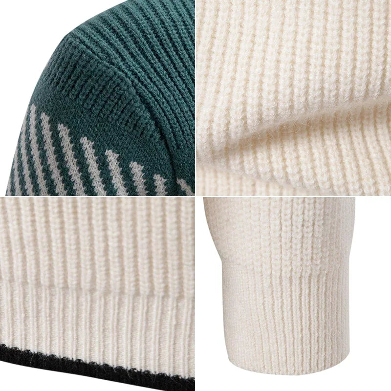 Detalhes do casaco masculino de outono com padrão texturizado e mangas em cores contrastantes