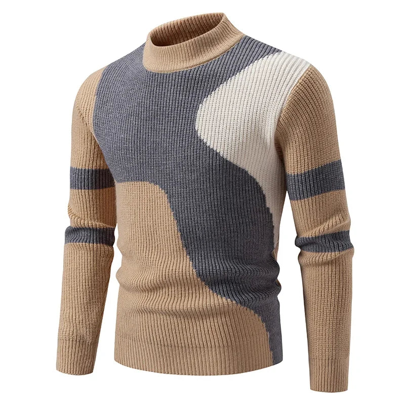 Casaco masculino de outono em malha com design colorido e gola alta para um look moderno e aconchegante